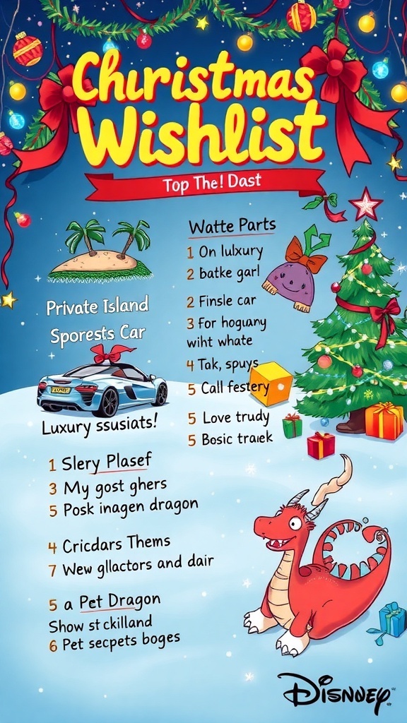 A colorful illustration of an unrealistic Christmas wishlist with extravagant items and holiday decorations.